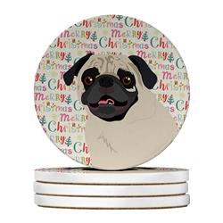 WDK2240RCS4 4 x 4 in. Unisex Pug Fawn No.2 Christmas Large Sandstone Coasters - Pack of 4