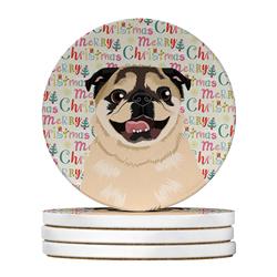 WDK2242RCS4 4 x 4 in. Unisex Pug Fawn No.5 Christmas Large Sandstone Coasters - Pack of 4