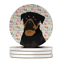 WDK2243RCS4 4 x 4 in. Unisex Rottweiler Black & Mahogany Christmas Large Sandstone Coasters - Pack of 4