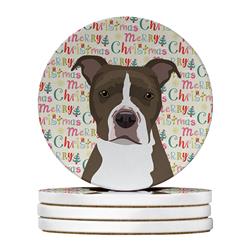 WDK2211RCS4 4 x 4 in. Unisex Pit Bull Blue No.6 Christmas Large Sandstone Coasters - Pack of 4