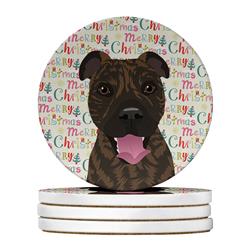 WDK2213RCS4 4 x 4 in. Unisex Pit Bull Brindle No.1 Christmas Large Sandstone Coasters - Pack of 4