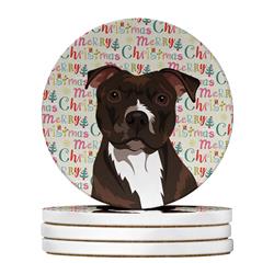 WDK2214RCS4 4 x 4 in. Unisex Pit Bull Brindle No.2 Christmas Large Sandstone Coasters - Pack of 4