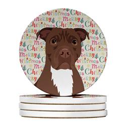 WDK2215RCS4 4 x 4 in. Unisex Pit Bull Chocolate Christmas Large Sandstone Coasters - Pack of 4