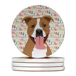 WDK2217RCS4 4 x 4 in. Unisex Pit Bull Fawn No.2 Christmas Large Sandstone Coasters - Pack of 4