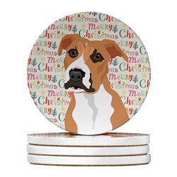 WDK2218RCS4 4 x 4 in. Unisex Pit Bull Fawn No.3 Christmas Large Sandstone Coasters - Pack of 4