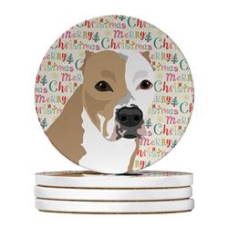 WDK2219RCS4 4 x 4 in. Unisex Pit Bull Fawn No.4 Christmas Large Sandstone Coasters - Pack of 4