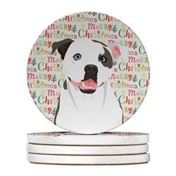 WDK2223RCS4 4 x 4 in. Unisex Pit Bull White No.3 Christmas Large Sandstone Coasters - Pack of 4