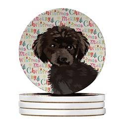 WDK2232RCS4 4 x 4 in. Unisex Poodle Toy Brown Christmas Large Sandstone Coasters - Pack of 4