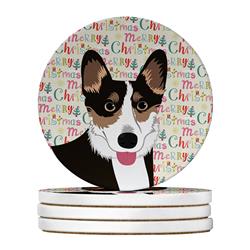 WDK2201RCS4 4 x 4 in. Unisex Pembroke Welsh Corgi Tricolor Black-Headed No.2 Christmas Large Sandstone Coasters - Pack of 4