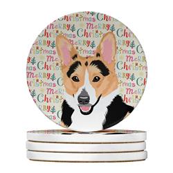 WDK2202RCS4 4 x 4 in. Unisex Pembroke Welsh Corgi Tricolor Red-Headed Christmas Large Sandstone Coasters - Pack of 4