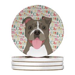 WDK2208RCS4 4 x 4 in. Unisex Pit Bull Blue No.2 Christmas Large Sandstone Coasters - Pack of 4
