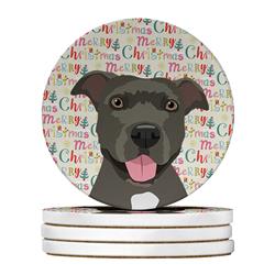 WDK2209RCS4 4 x 4 in. Unisex Pit Bull Blue No.3 Christmas Large Sandstone Coasters - Pack of 4