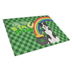 WDK4747LCB 15 x 12 in. Black & White Border Collie Saint Patricks Day Glass Cutting Board - Large