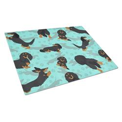 MLM1011LCB 15 x 12 in. Blue, Longhaired Black & Tan Dachshund Glass Cutting Board - Large