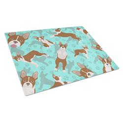 15 x 12 in. Blue, Red Boston Terrier Glass Cutting Board - Large