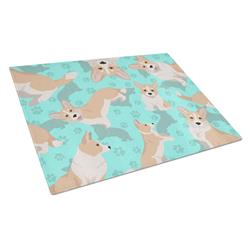 MLM1047LCB 15 x 12 in. Blue, Fawn Cardigan Corgi Glass Cutting Board - Large