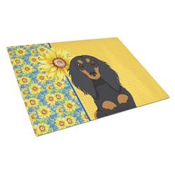 WDK5382LCB 15 x 12 in. Summer Sunflowers Longhair Black & Tan Dachshund Glass Large Cutting Board