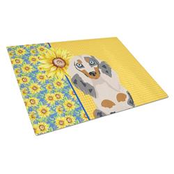 WDK5385LCB 15 x 12 in. Summer Sunflowers Longhair Cream Dapple Dachshund Glass Large Cutting Board