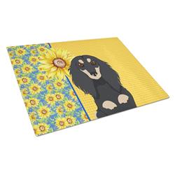 WDK5386LCB 15 x 12 in. Summer Sunflowers Longhair Black & Cream Dachshund Glass Large Cutting Board