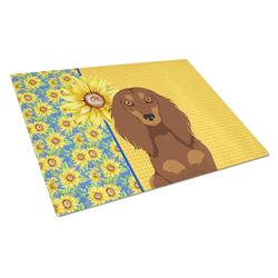 WDK5387LCB 15 x 12 in. Summer Sunflowers Longhair Chocolate & Tan Dachshund Glass Large Cutting Board