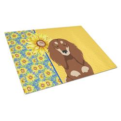 WDK5388LCB 15 x 12 in. Summer Sunflowers Longhair Chocolate & Cream Dachshund Glass Large Cutting Board