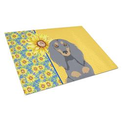 WDK5391LCB 15 x 12 in. Summer Sunflowers Longhair Blue & Tan Dachshund Glass Large Cutting Board
