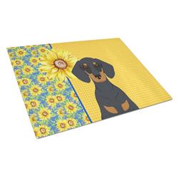 WDK5392LCB 15 x 12 in. Summer Sunflowers Black & Tan Dachshund Glass Large Cutting Board