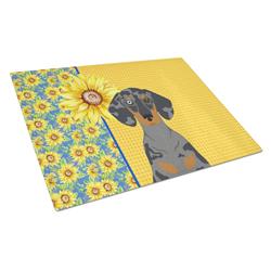 WDK5394LCB 15 x 12 in. Summer Sunflowers Black Dapple Dachshund Glass Large Cutting Board