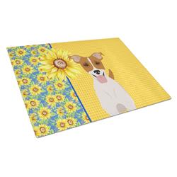 WDK5434LCB 15 x 12 in. Summer Sunflowers Brown White Smooth Jack Russell Terrier Glass Large Cutting Board