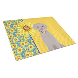 WDK5438LCB 15 x 12 in. Summer Sunflowers Gray Labrador Retriever Glass Large Cutting Board