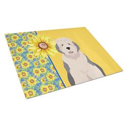 WDK5448LCB 15 x 12 in. Summer Sunflowers Old English Sheepdog Glass Large Cutting Board
