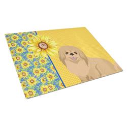 WDK5454LCB 15 x 12 in. Summer Sunflowers Gold Pekingese Glass Large Cutting Board