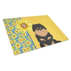 WDK5457LCB 15 x 12 in. Summer Sunflowers Black & Tan Pomeranian Glass Large Cutting Board