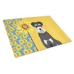 WDK5473LCB 15 x 12 in. Summer Sunflowers Black & Silver Natural Ears Schnauzer Glass Large Cutting Board