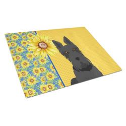 WDK5479LCB 15 x 12 in. Summer Sunflowers Black Scottish Terrier Glass Large Cutting Board