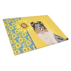 WDK5481LCB 15 x 12 in. Summer Sunflowers Blue Merle Sheltie Glass Large Cutting Board
