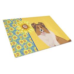 WDK5482LCB 15 x 12 in. Summer Sunflowers Sable Sheltie Glass Large Cutting Board