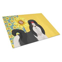 WDK5485LCB 15 x 12 in. Summer Sunflowers Black & White Shih Tzu Glass Large Cutting Board
