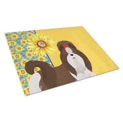 WDK5488LCB 15 x 12 in. Summer Sunflowers Liver & White Shih Tzu Glass Large Cutting Board
