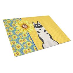 WDK5490LCB 15 x 12 in. Summer Sunflowers Black Siberian Husky Glass Large Cutting Board