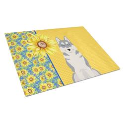 WDK5491LCB 15 x 12 in. Summer Sunflowers Gray Siberian Husky Glass Large Cutting Board