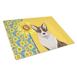 WDK5494LCB 15 x 12 in. Summer Sunflowers Brindle Cardigan Corgi Glass Large Cutting Board