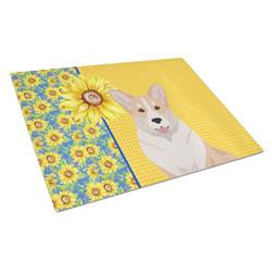 WDK5495LCB 15 x 12 in. Summer Sunflowers Fawn Cardigan Corgi Glass Large Cutting Board