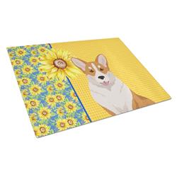 WDK5496LCB 15 x 12 in. Summer Sunflowers Red Cardigan Corgi Glass Large Cutting Board
