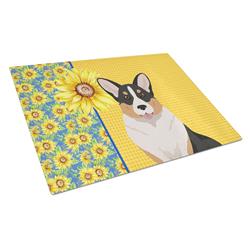 WDK5497LCB 15 x 12 in. Summer Sunflowers Tricolor Cardigan Corgi Glass Large Cutting Board
