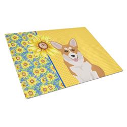WDK5498LCB 15 x 12 in. Summer Sunflowers Red Pembroke Corgi Glass Large Cutting Board