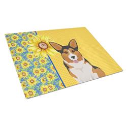 WDK5499LCB 15 x 12 in. Summer Sunflowers Sable Pembroke Corgi Glass Large Cutting Board