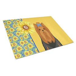 WDK5503LCB 15 x 12 in. Summer Sunflowers Black & Tan Full Coat Yorkshire Terrier Glass Large Cutting Board