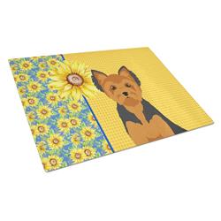 WDK5504LCB 15 x 12 in. Summer Sunflowers Black & Tan Puppy Cut Yorkshire Terrier Glass Large Cutting Board