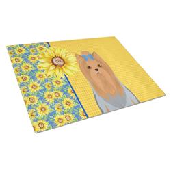 WDK5505LCB 15 x 12 in. Summer Sunflowers Blue & Tan Full Coat Yorkshire Terrier Glass Large Cutting Board